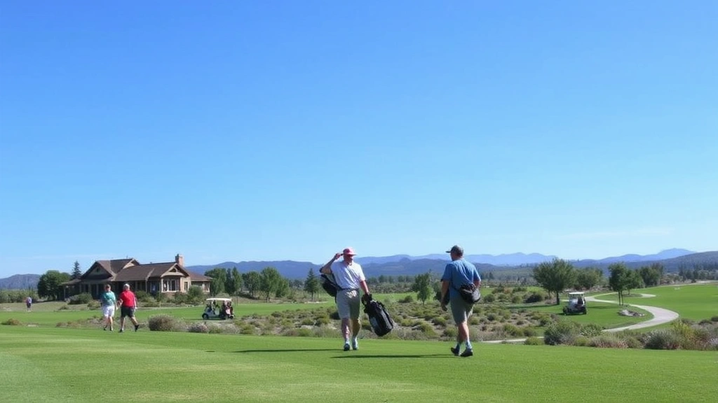 Golfers walking along fairway with golf bags, course clubhouse visible in distance, well-maintained landscaping and native plantings, clear blue sky, several golfers enjoying round together, course cart path visible