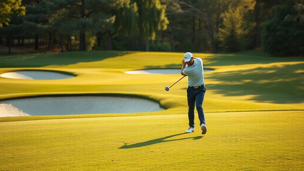Professional golfer mid-swing on manicured fairway with bunker hazards visible, morning light, well-maintained grass texture
