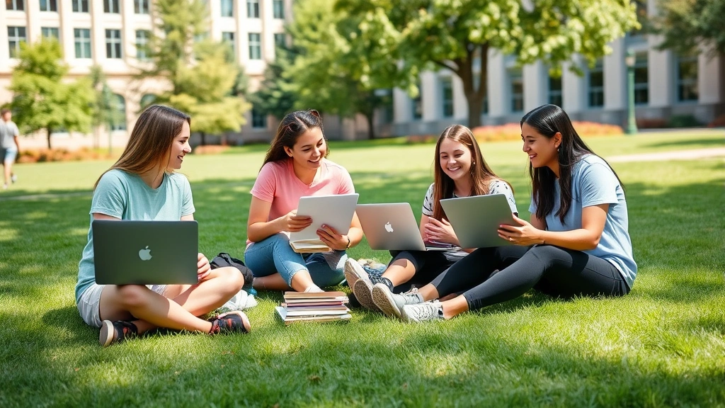 Students sitting together on college quad grass studying with laptops and notebooks, natural sunlight, diverse group laughing and collaborating