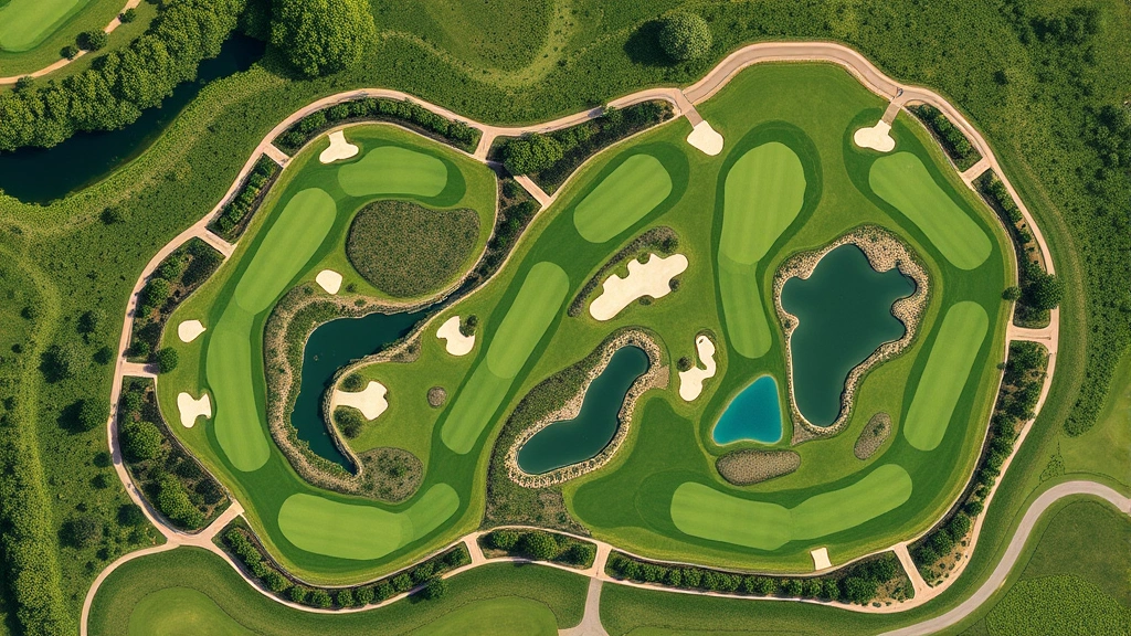 Aerial view of a championship golf course showing complete hole routing, fairways, greens, and strategic water features with natural landscape integration
