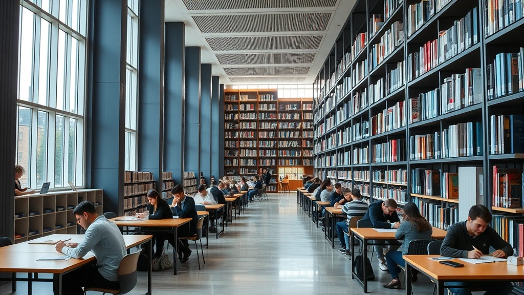 Modern university library interior with students at desks studying, tall bookshelves, natural light from windows, focused academic atmosphere