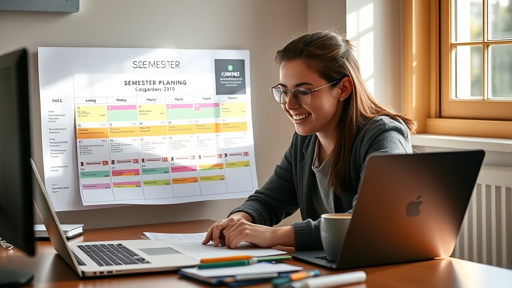 College student sitting at desk reviewing colorful semester planning calendar with course schedule documents, natural lighting from window, focused expression, organized workspace with laptop and planner