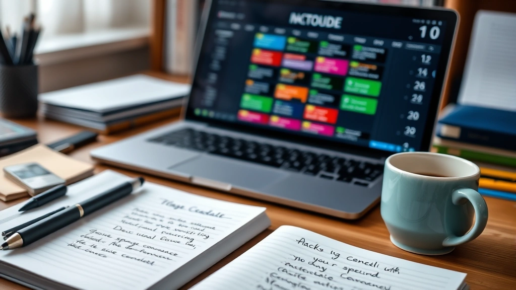 A close-up of a student's desk with a laptop showing a colorful digital calendar and course schedule, notebook with handwritten notes, coffee cup, organized study environment with soft lighting