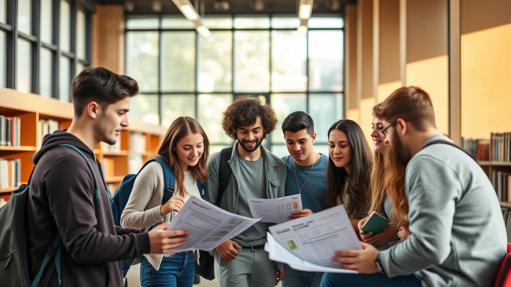 Diverse group of students in bright university library collaborating on course planning with degree audit printouts, discussing course options, warm natural lighting, engaged atmosphere