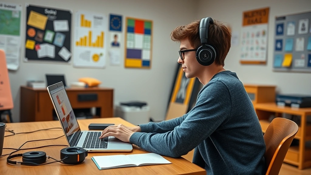 A student sitting at a desk during an online class, focused and engaged on laptop screen, well-lit room with educational posters on walls, headphones nearby, showing remote learning environment