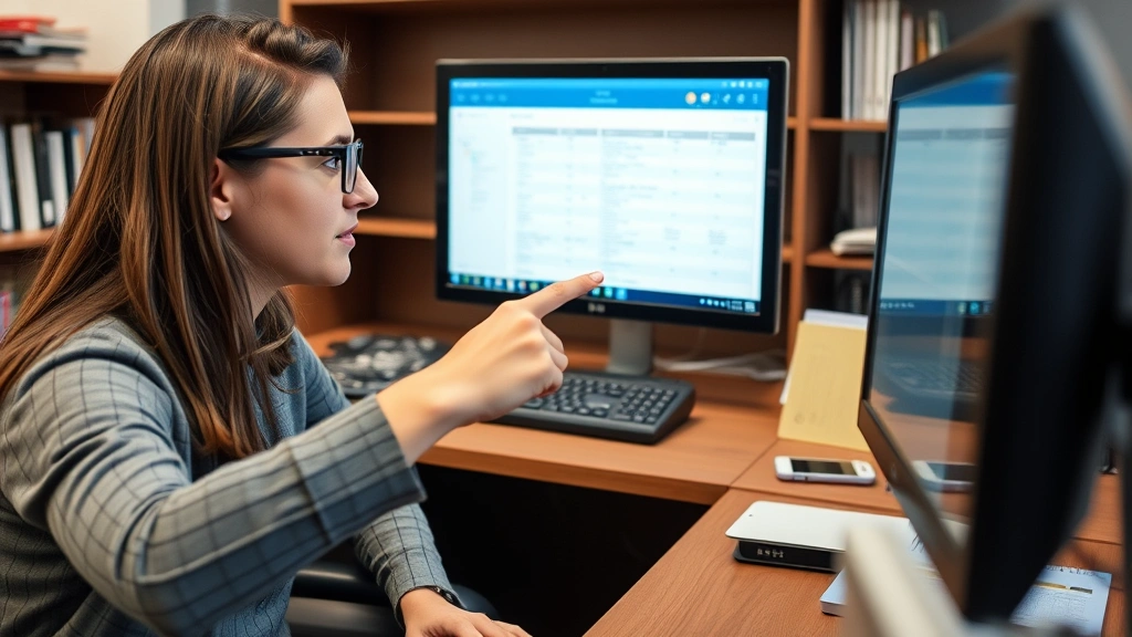 Close-up of academic advisor meeting with student looking at computer screen showing course schedule system, pointing at semester requirements, professional office setting, helpful mentoring moment
