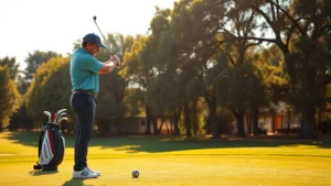 Professional golf instructor demonstrating swing mechanics to student on practice range, sunlit outdoor setting with mature trees in background, showing proper posture and club positioning