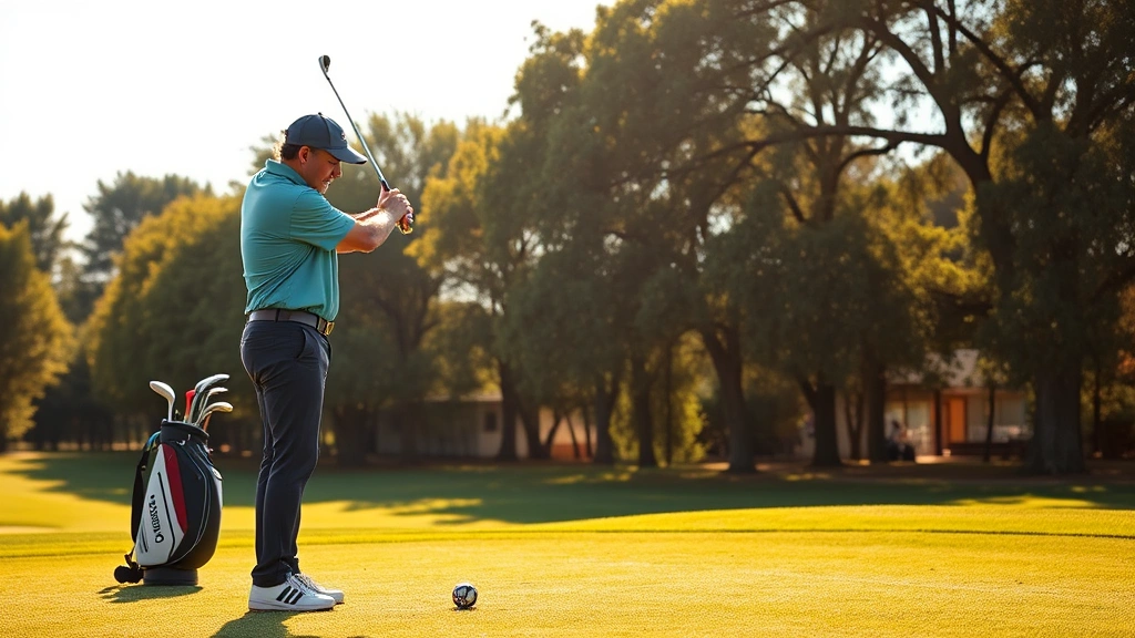 Professional golf instructor demonstrating swing mechanics to student on practice range, sunlit outdoor setting with mature trees in background, showing proper posture and club positioning
