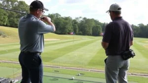 Professional golf instructor demonstrating swing mechanics to attentive student at driving range, with multiple golf balls scattered on ground and target flags visible downrange, showing instructional engagement and deliberate practice methodology