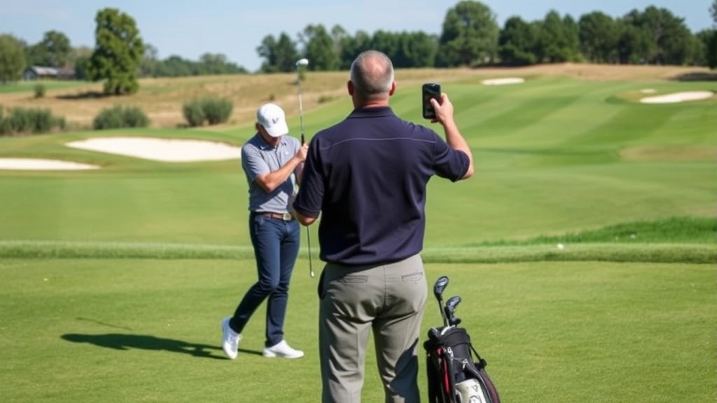 Golfer practicing at Firestone Farms with instructor providing real-time feedback, both figures visible on fairway with bunkers and green in background, professional coaching environment