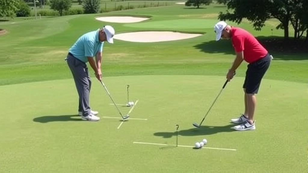 Golfer executing short game shot on practice green with multiple chipping targets visible, bunker area in background, demonstrating dedicated short-game facility and skill development focus