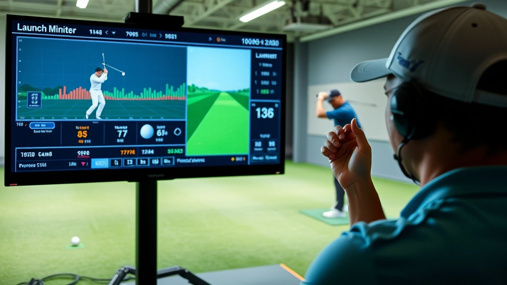 Golfer reviewing performance metrics on launch monitor display screen, analyzing ball flight data and swing characteristics in indoor practice facility, focused concentration on technology feedback