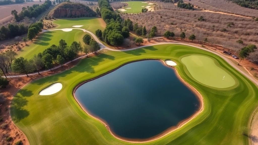 Aerial view of golf course hole with water hazard, fairway lined with trees, and well-maintained green, showing course design and conditioning standards in natural landscape