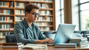College student sitting at laptop in library, reviewing course information on computer screen, natural lighting, focused expression, surrounded by textbooks and notes