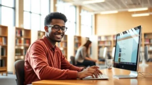 Student sitting at computer in bright university library, smiling while using course registration portal on laptop screen, natural window light, diverse student