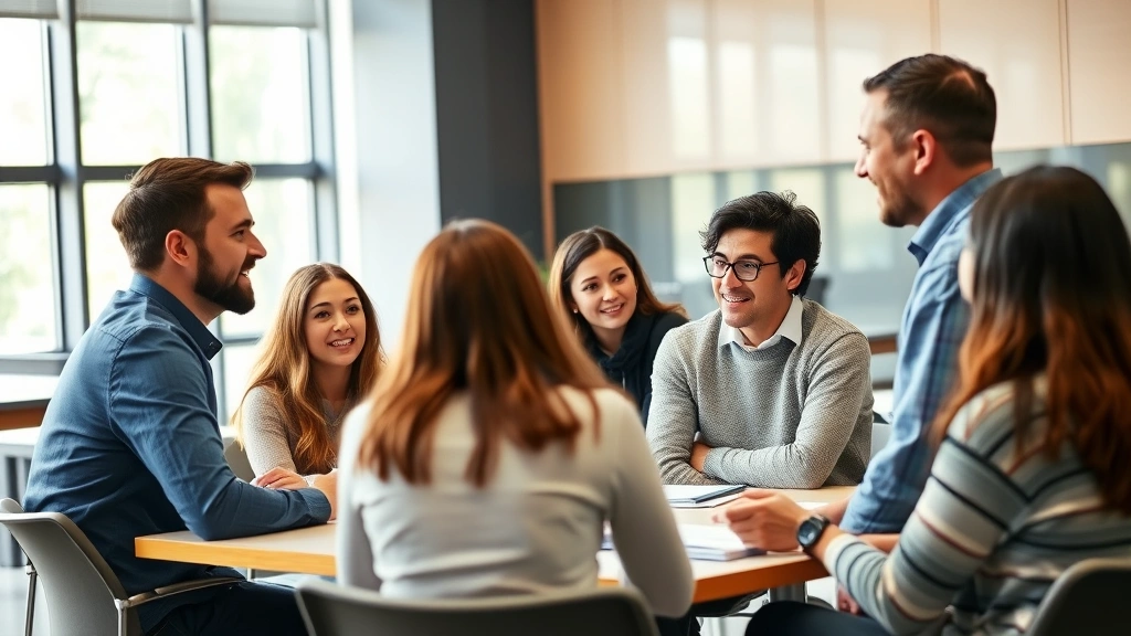 Diverse group of students in classroom actively engaged in discussion with professor, collaborative learning environment, modern university setting, bright natural light through windows