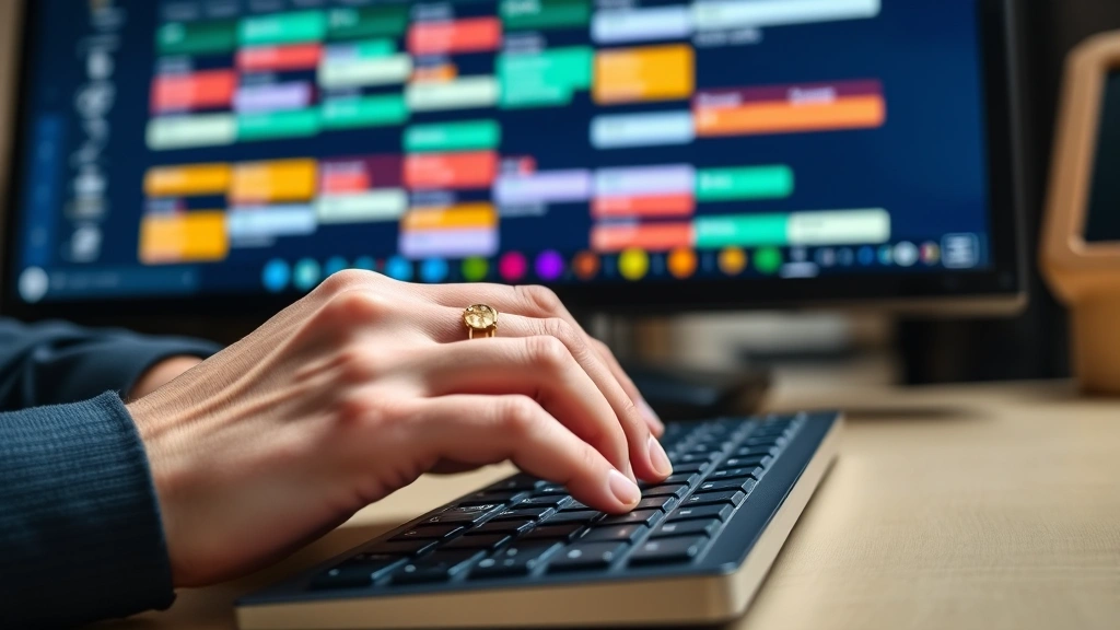 Close-up of hands typing on keyboard with course schedule visible on monitor, colorful academic calendar in background, professional education setting