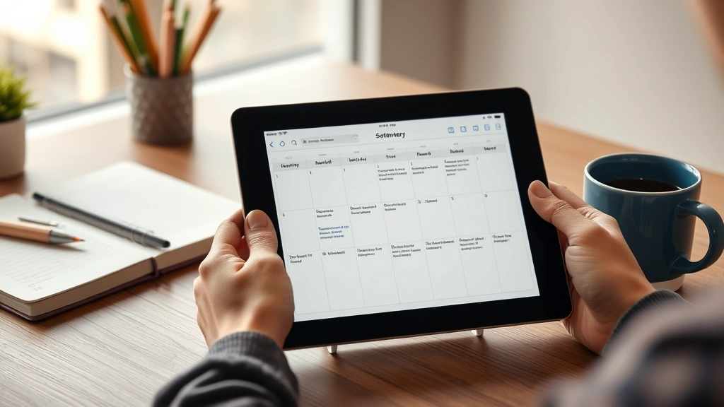Student scheduling courses on digital calendar on tablet, organized planning workspace with notebook and coffee cup, warm lighting, planning academic semester