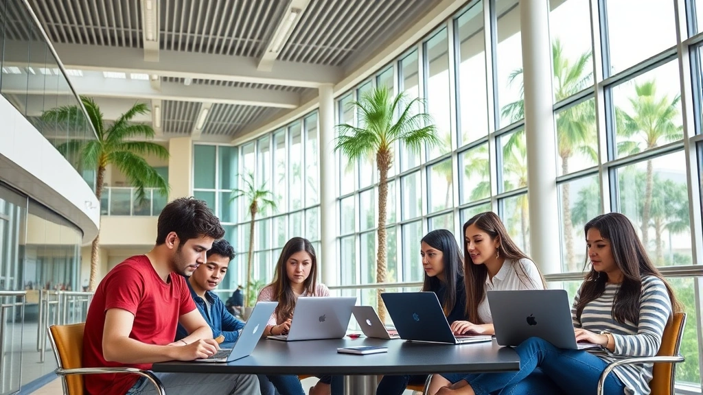Group of students in modern FIU campus building studying together with laptops and notebooks, collaborative learning environment, natural lighting from large windows