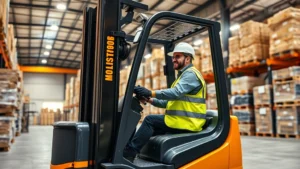 Professional forklift operator in safety vest and hard hat carefully operating modern forklift in organized warehouse with stacked pallets and industrial lighting