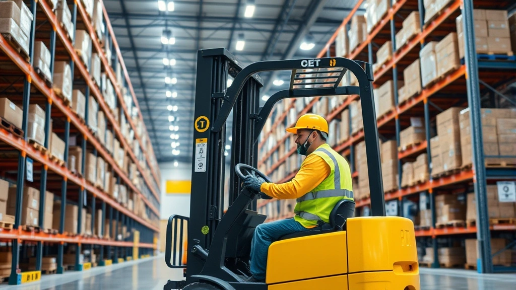 Warehouse worker operating forklift equipment in modern distribution center with organized inventory shelving, proper lighting, and clean facility environment