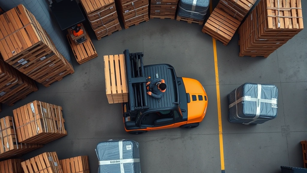 Overhead view of a forklift operator skillfully maneuvering around warehouse obstacles and stacked pallets while maintaining safe speed and proper load positioning