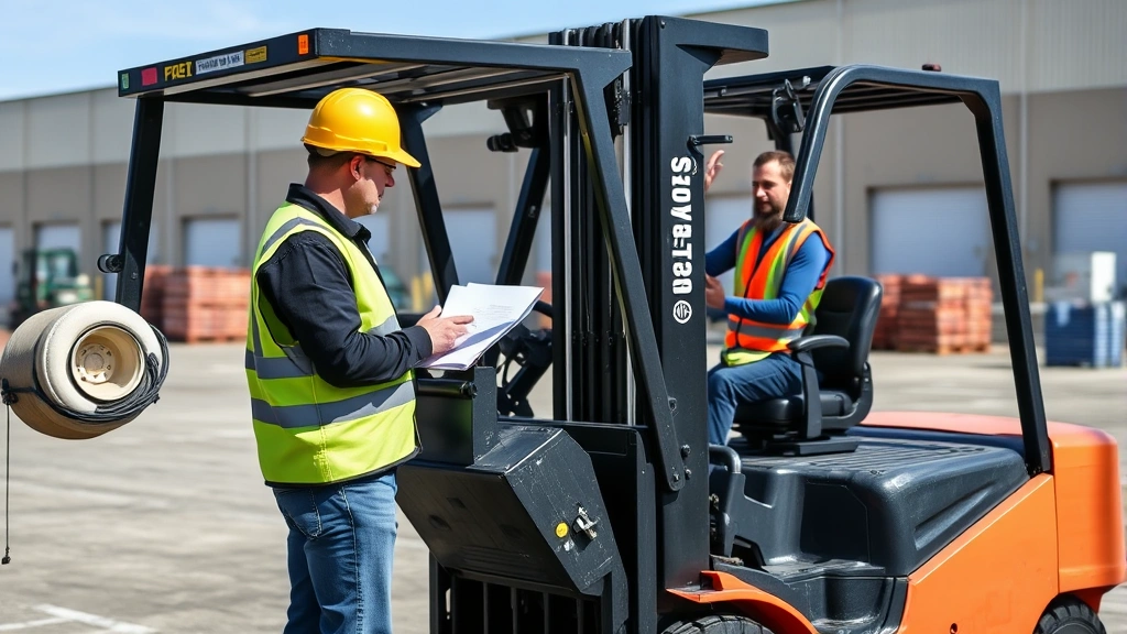 Professional trainer conducting safety demonstration with forklift equipment in outdoor training facility with clear weather and open space
