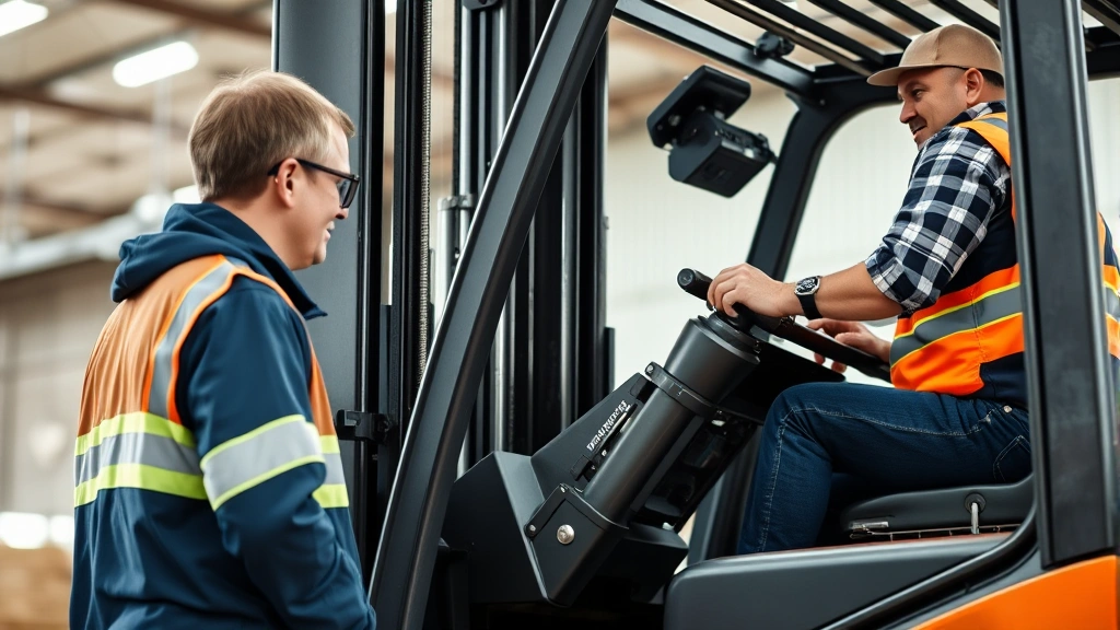 Close-up of an experienced trainer observing a student operator lifting a load with proper fork positioning and stable load centering during practical hands-on training session