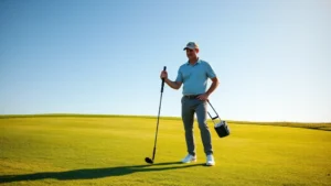 Professional golf course superintendent in polo shirt inspecting pristine fairway with quality control equipment, early morning sunlight, lush green grass, clear blue sky, realistic photography