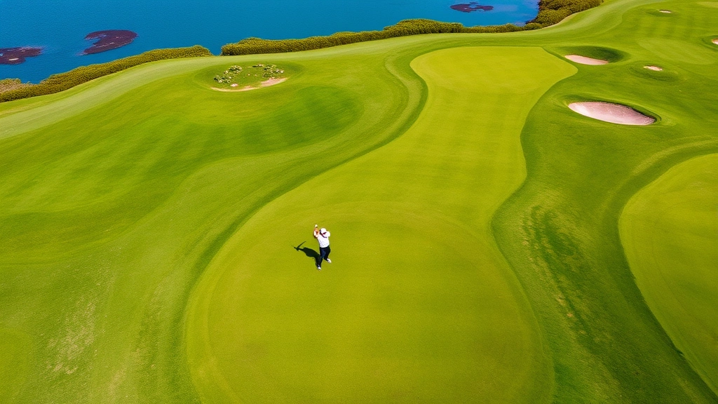 Aerial view of a lush green golf course fairway with manicured grass, water hazards visible in distance, bunkers strategically placed, golfer mid-swing under clear sky