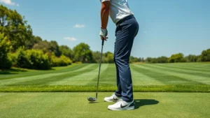 Golfer at address position demonstrating proper stance, grip, and posture on a practice range with lush green grass and clear sky, photorealistic detail on hand position and body alignment
