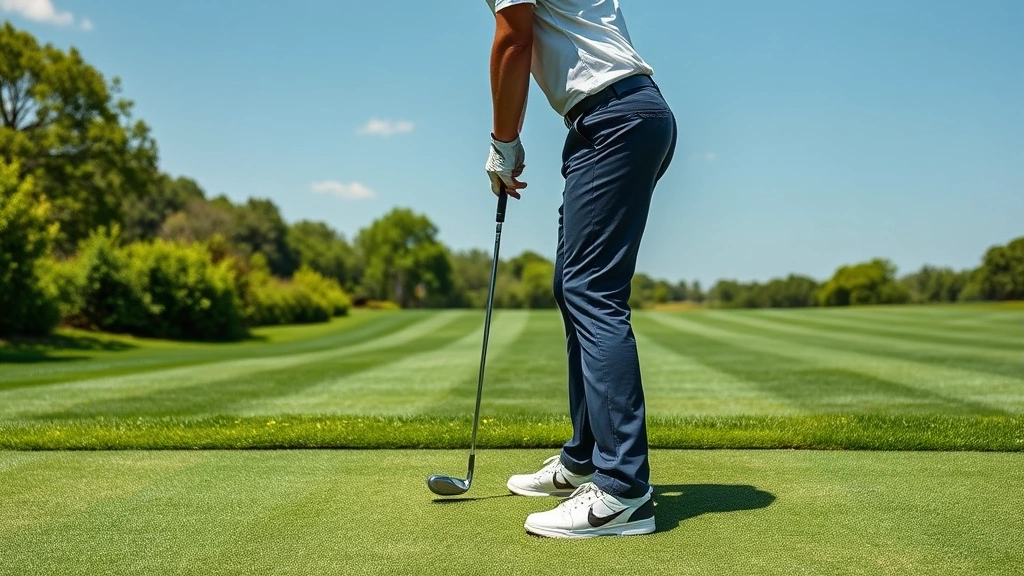Golfer at address position demonstrating proper stance, grip, and posture on a practice range with lush green grass and clear sky, photorealistic detail on hand position and body alignment