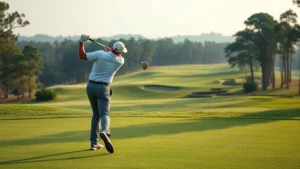 Experienced golfer mid-swing on fairway with trees and green visible in distance, professional golf setting, natural lighting, realistic course landscape