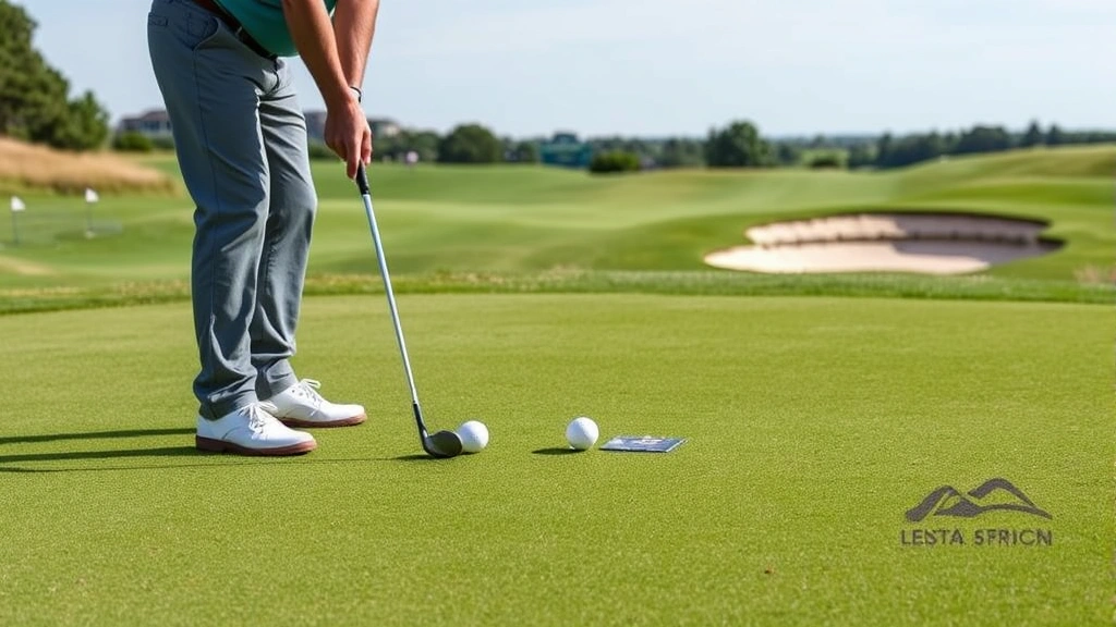 Golfer executing a precise chip shot on a manicured practice green, showing proper weight distribution and club position at impact, with pins and bunkers visible in background