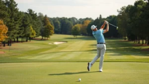 Golfer mid-swing on well-maintained fairway with manicured greens and trees in background, professional photograph capturing athletic form and course beauty