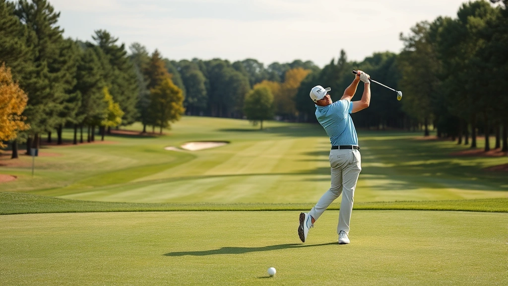 Golfer mid-swing on well-maintained fairway with manicured greens and trees in background, professional photograph capturing athletic form and course beauty