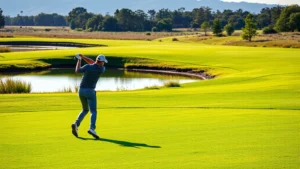 Professional golfer mid-swing on lush fairway with water hazard reflection, morning sunlight, natural landscape background, no text or signage visible