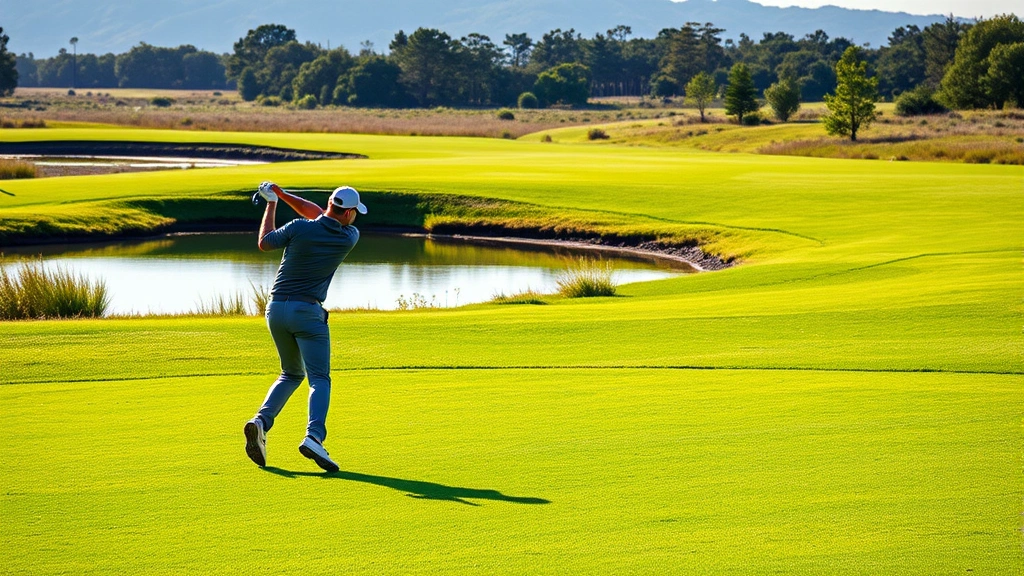 Professional golfer mid-swing on lush fairway with water hazard reflection, morning sunlight, natural landscape background, no text or signage visible