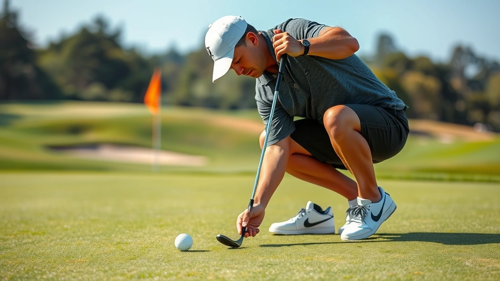 Golfer putting on green with flag visible, concentration and skill demonstration, natural lighting showing course conditions and precision required