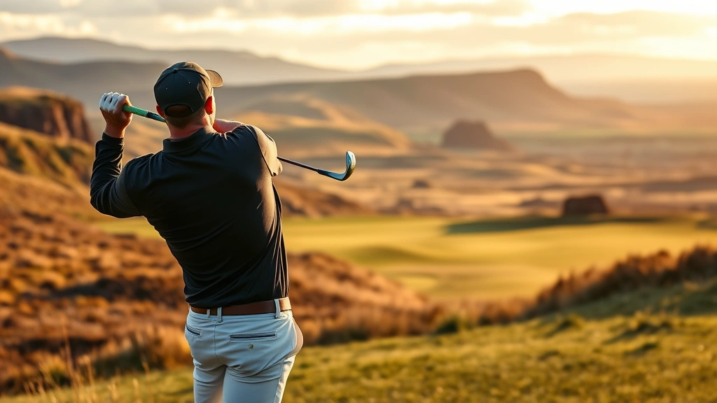 Professional golfer executing a precision tee shot on a Scottish links course with dramatic natural terrain, rolling fairways, and native rough visible in the background, golden hour lighting