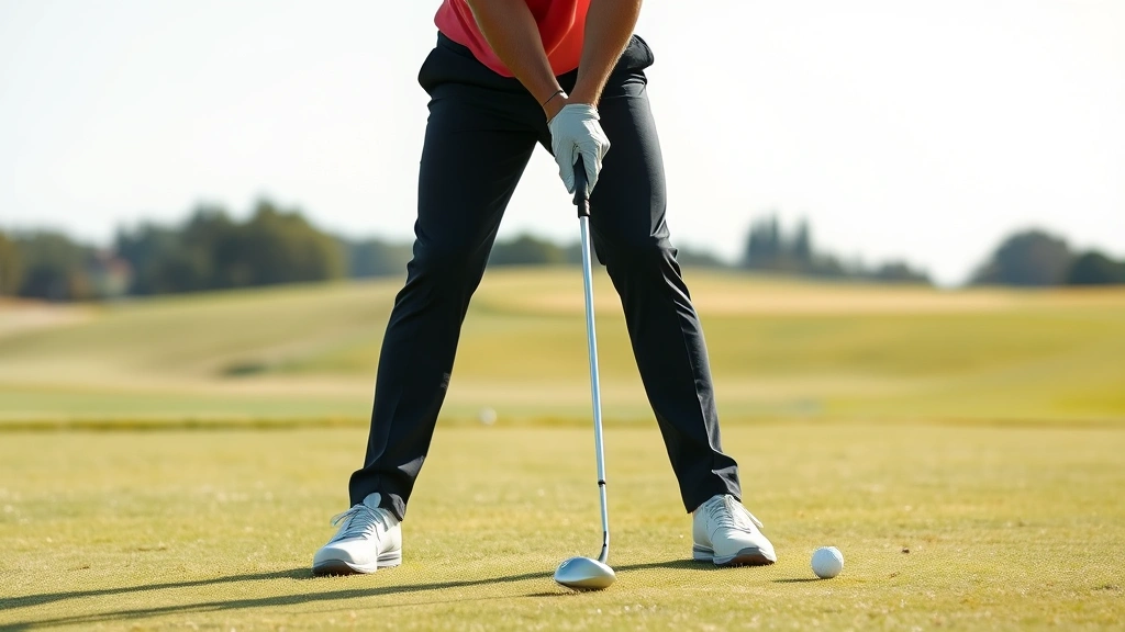 Professional golfer in perfect stance position on fairway, demonstrating proper posture and alignment, natural outdoor lighting, clear day with manicured grass