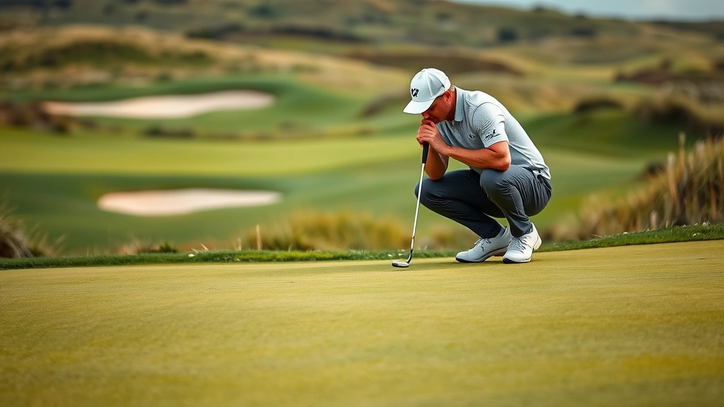 Golfer studying the break and contours of a challenging green at a links course, crouching to read slopes with focused concentration, with bunkers and natural landscape in soft focus background