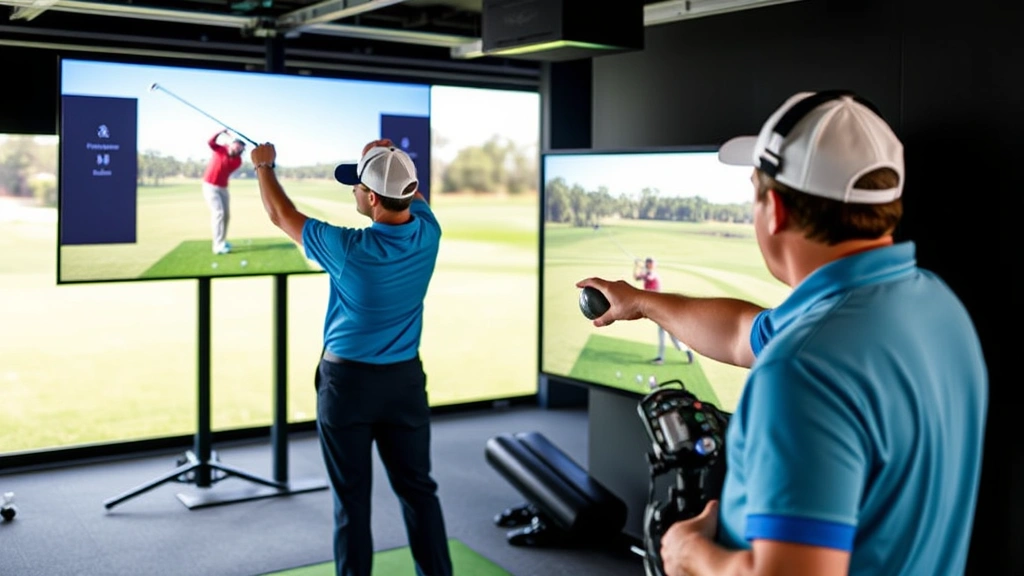 Golf coach analyzing swing mechanics using video technology, instructor pointing at screen showing swing analysis, indoor coaching facility with professional equipment