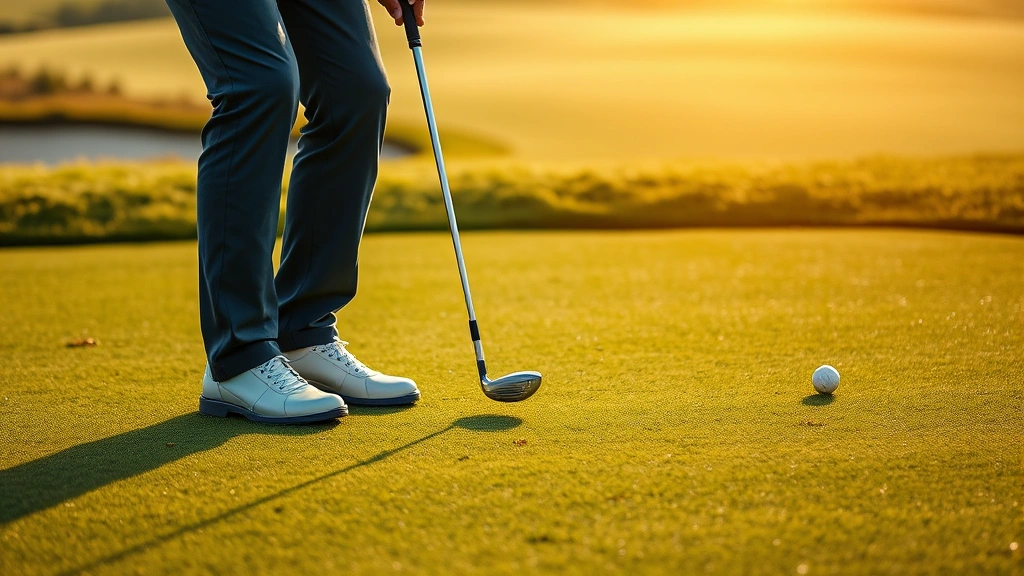 Close-up of a golfer's short game technique around a links-style green, demonstrating a delicate chip shot with precise footwork and body positioning, manicured rough and strategic bunkers visible
