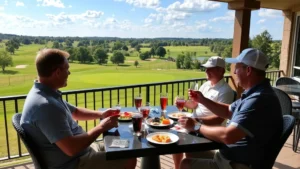 Golfers relaxing on an outdoor patio dining area overlooking a lush fairway and green landscape, holding beverages and enjoying food, natural daylight, peaceful atmosphere