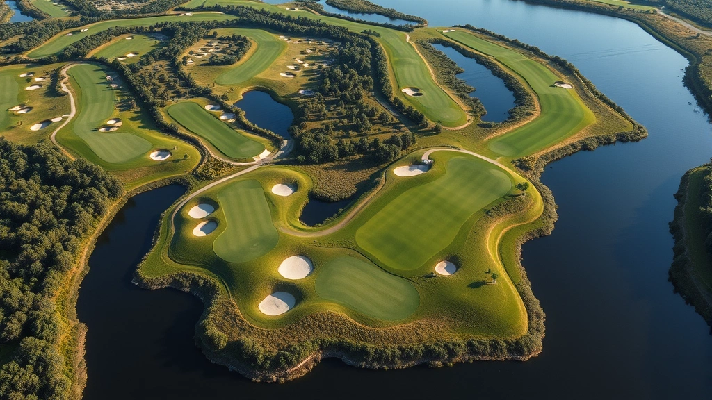 Aerial view of a beautiful 18-hole golf course layout showing multiple fairways, greens, and water hazards with clear hole markers visible from above