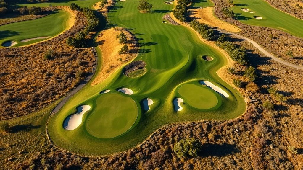 Aerial drone view of a championship golf course showing fairways, bunkers, and greens from above with natural landscape surrounding the manicured holes