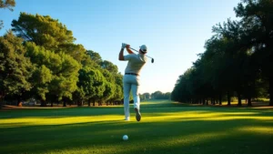 Professional golfer mid-swing on manicured fairway with mature trees lining both sides, morning sunlight creating shadows, vibrant green grass and clear blue sky