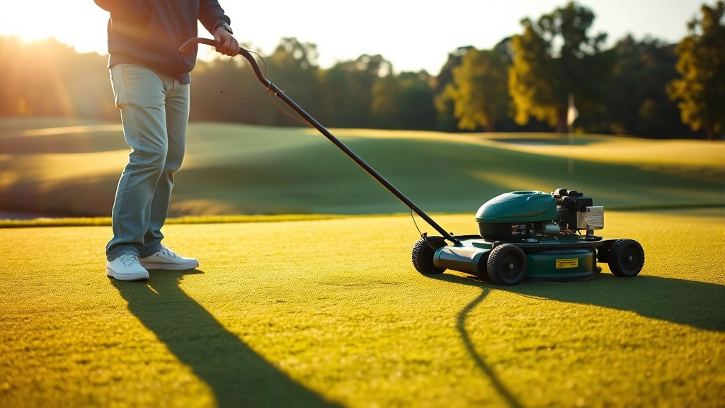 Professional groundskeeper operating precision green mower on manicured golf course putting green, morning sunlight, lush fairway backdrop, photorealistic