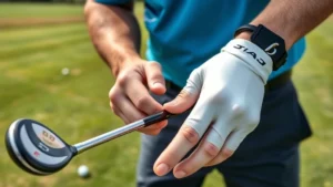 Professional golfer demonstrating proper grip technique on club, close-up of hands showing finger position and alignment, outdoor practice range setting with grass and golf balls